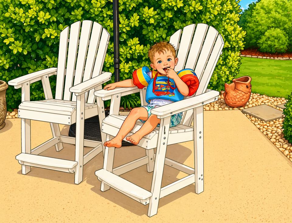 Fletcher Roe Woodward sitting outside in a chair wearing swim floaties
