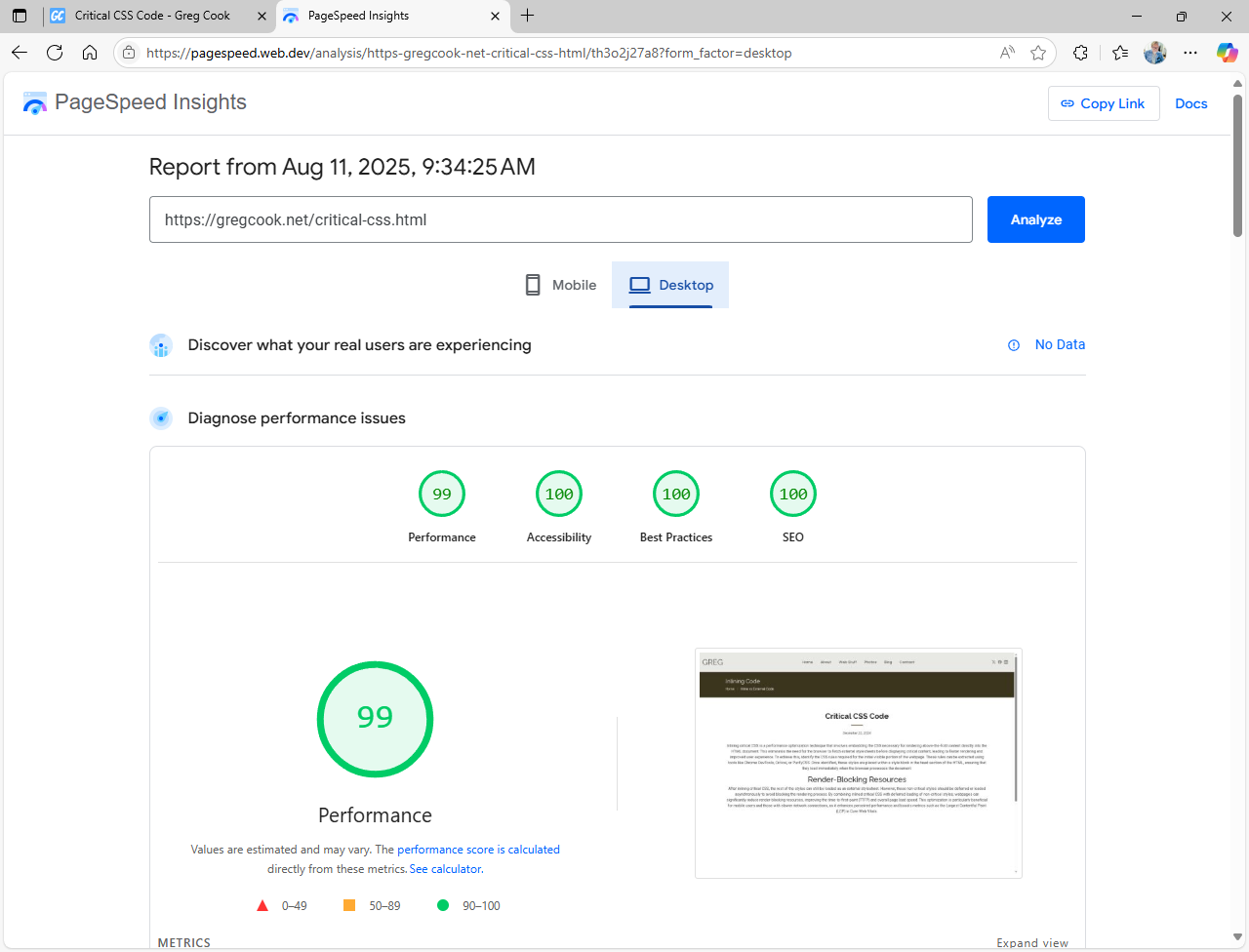 critical css page score from PageSpeed Insights