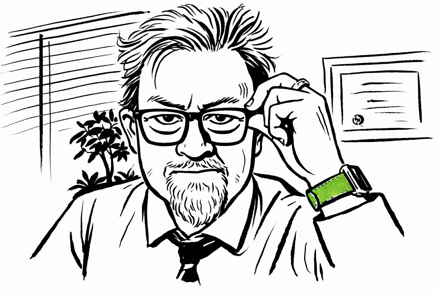Illustrated portrait of Greg Cook with a determined expression