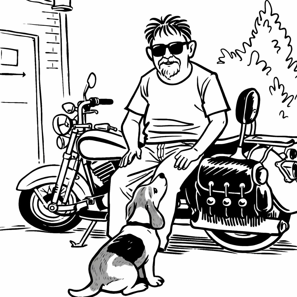 Illustration of Greg Cook seated on a Harley with Roscoe nearby