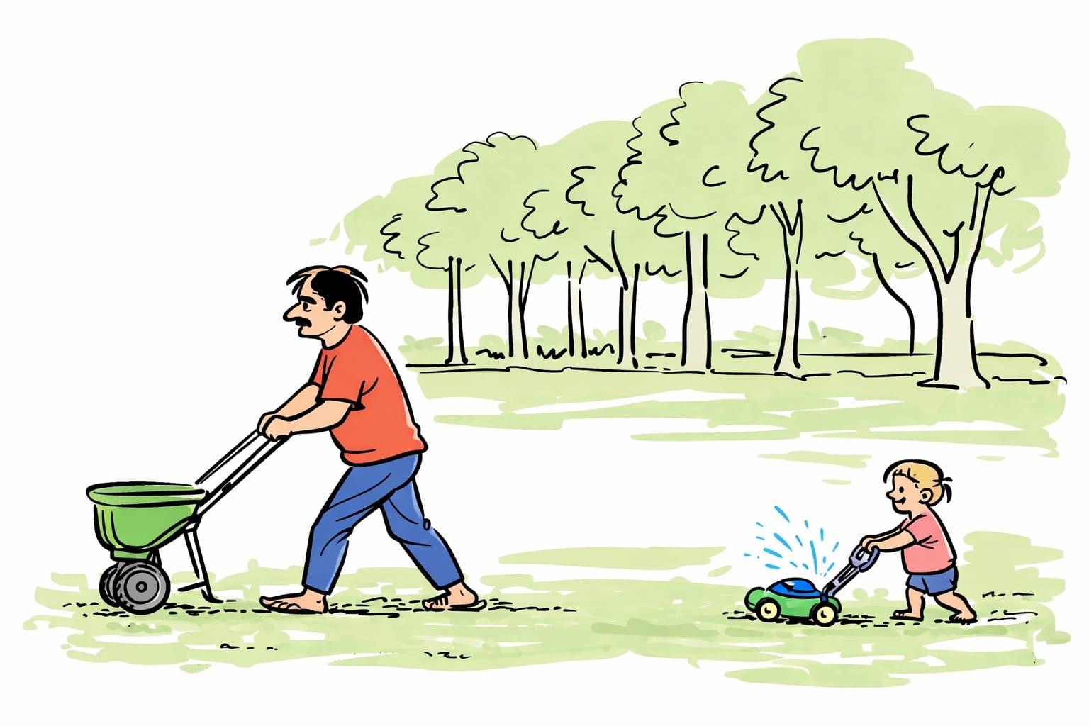 Greg Cook in the yard while a little girl follows behind with a toy mower