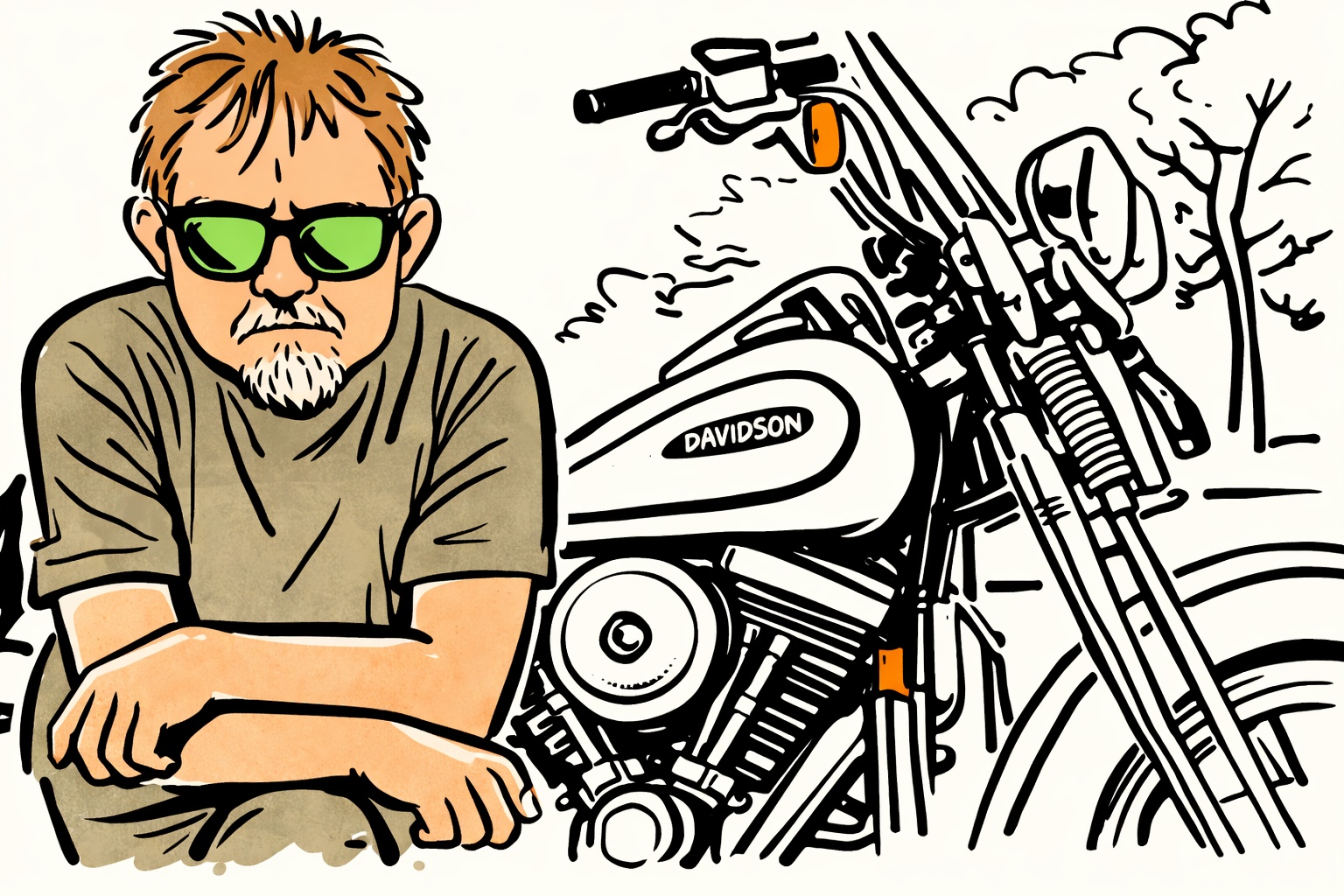 Illustration of Greg Cook leaning near a Harley-Davidson