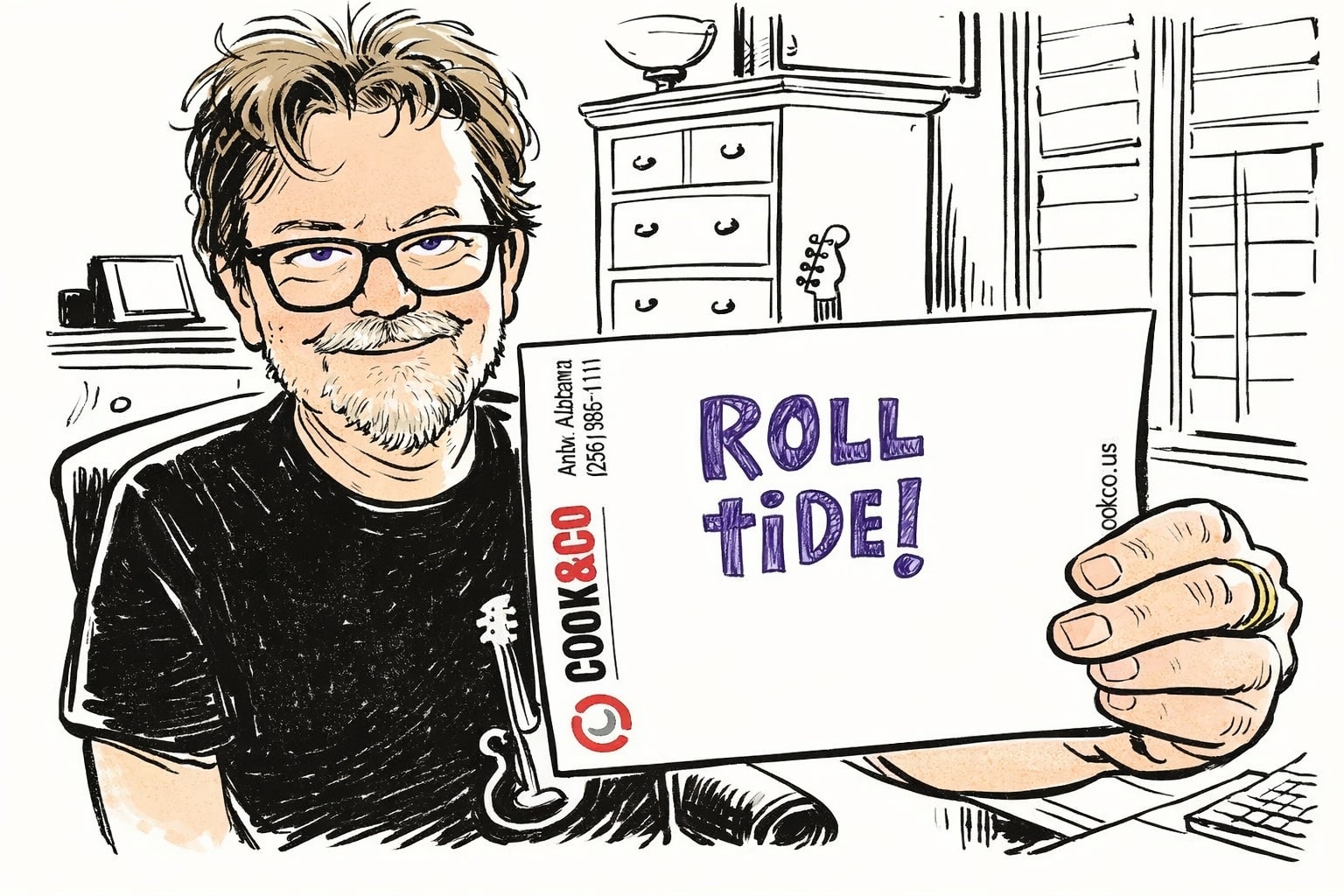 Greg Cook holding a handwritten Roll Tide note